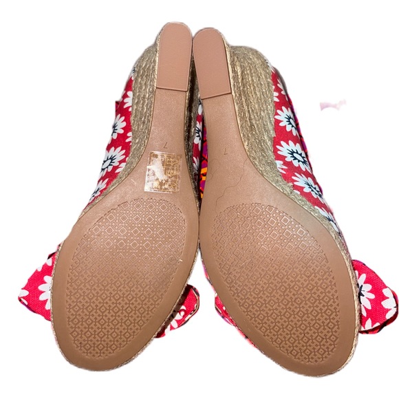 Tory Burch Dory Nantucket Red Navy Sea White Primrose Peep Toe Espadrille Wedges - Picture 11 of 15